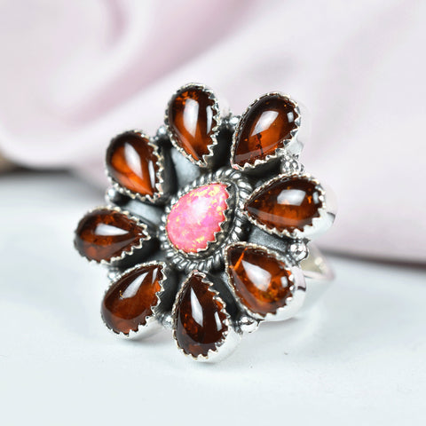 Handmade Amber & Sterling Silver Adjustable Ring, Pink Aurora Opal Cluster Ring for Women