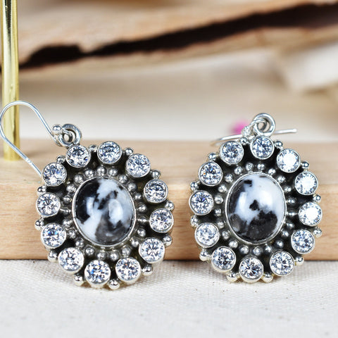 Handmade Zebra Jasper Sterling Silver Earrings with CZ Accents