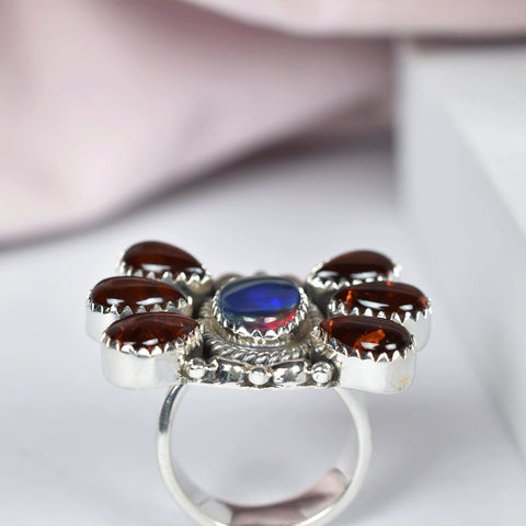 Handmade Amber & Sterling Silver Adjustable Ring, Cluster Ring for Women