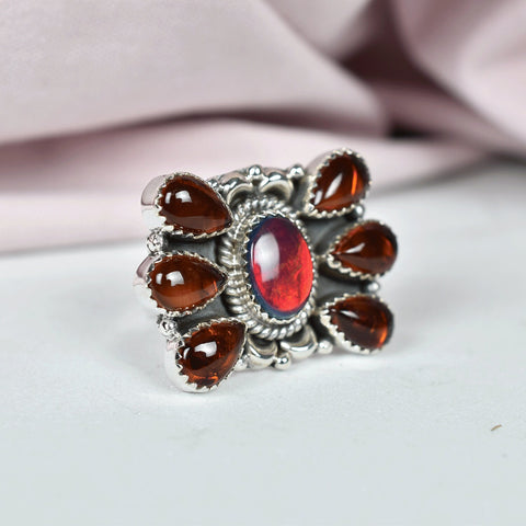 Handmade Amber & Sterling Silver Adjustable Ring, Cluster Ring for Women