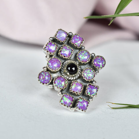 Handmade Sparkling Opal & Black Onyx 925 Sterling Silver Adjustable Ring