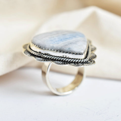 Blue Scheelite Heart Ring: Adjustable Sterling Silver Statement Ring