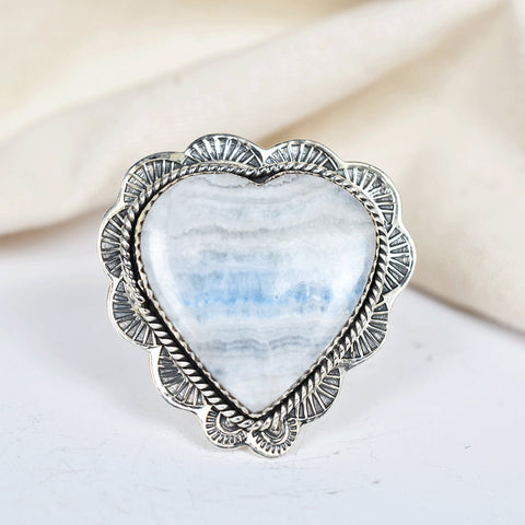 Blue Scheelite Heart Ring: Adjustable Sterling Silver Statement Ring