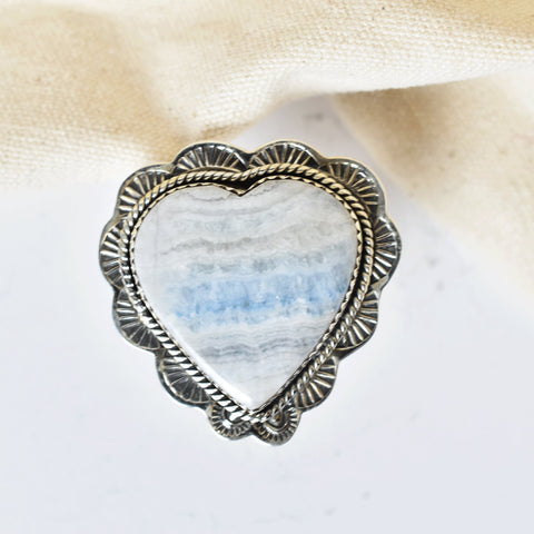Blue Scheelite Heart Ring: Adjustable Sterling Silver Statement Ring