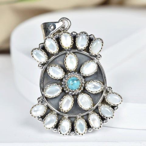 Sterling Silver Turquoise & Mother of Pearl Pendant Necklace