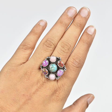 Handmade Turquoise & Opal Sterling Silver Adjustable Ring