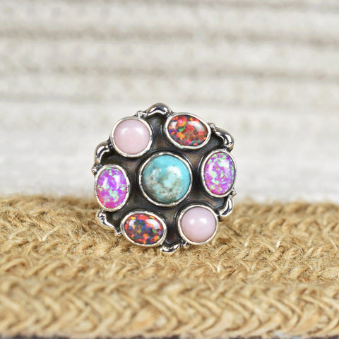 Handmade Turquoise & Opal Sterling Silver Adjustable Ring