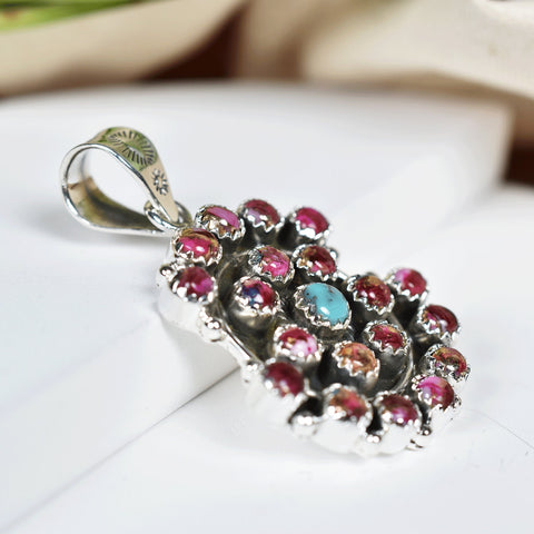 Handmade Pink Dahlia Turquoise & Sterling Silver Cluster Pendant with 18 Inch Adjustable Chain