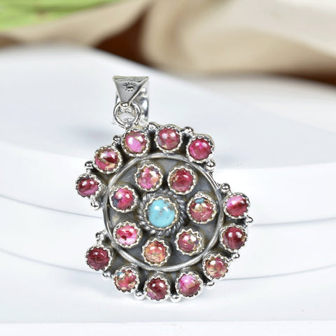 Handmade Pink Dahlia Turquoise & Sterling Silver Cluster Pendant with 18 Inch Adjustable Chain