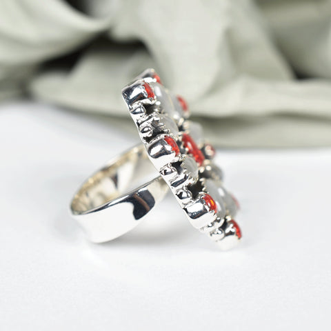 Handmade Aurora Opal, Grey Moonstone & Sterling Silver Adjustable Ring, Statement Ring for Women