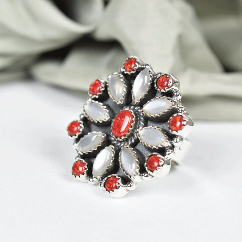 Handmade Aurora Opal, Grey Moonstone & Sterling Silver Adjustable Ring, Statement Ring for Women