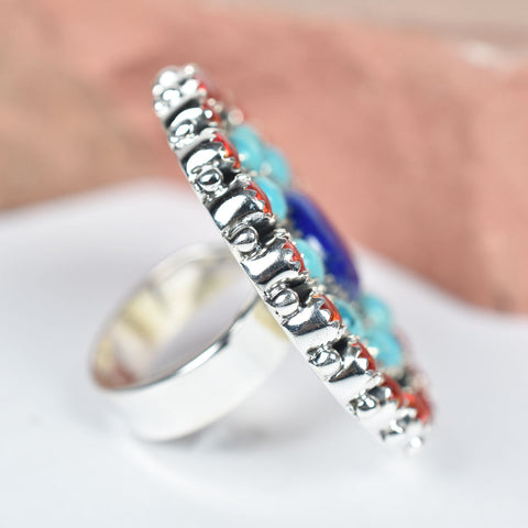 Handmade Turquoise & Aurora Opal 925 Sterling Silver Adjustable Ring, Statement Ring for Women