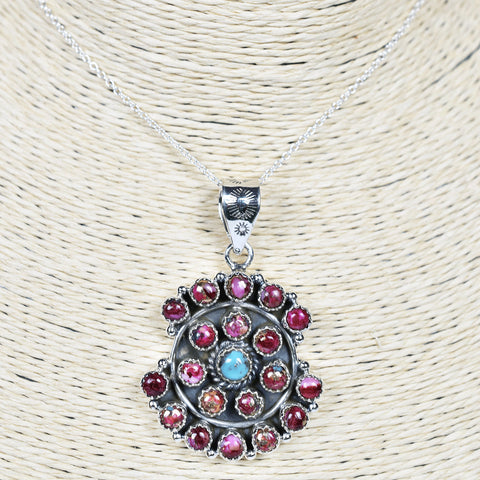 Handmade Pink Dahlia Turquoise & Sterling Silver Cluster Pendant with 18 Inch Adjustable Chain