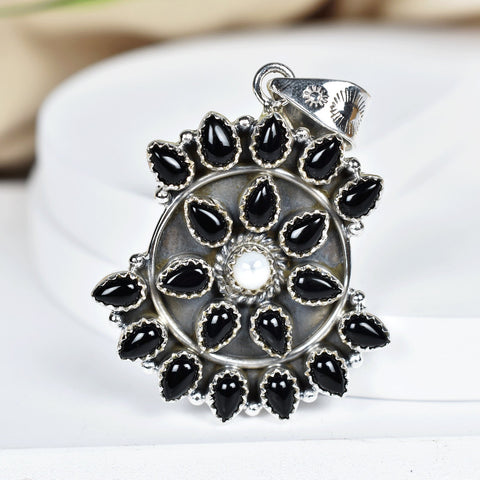 Handmade Black Onyx & Sterling Silver Cluster Pendant with 18 Inch Adjustable Chain