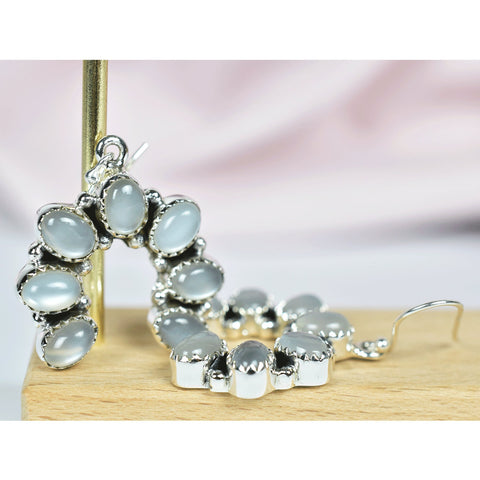 Grey Moonstone Cluster Earrings: Handmade Sterling Silver Half Circle