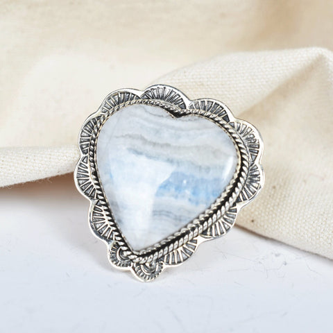 Blue Scheelite Heart Ring: Adjustable Sterling Silver Statement Ring