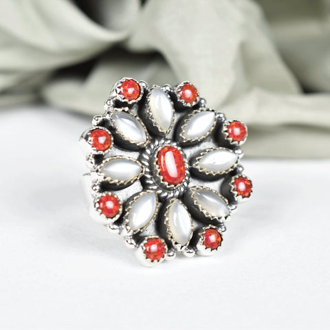 Handmade Aurora Opal, Grey Moonstone & Sterling Silver Adjustable Ring, Statement Ring for Women