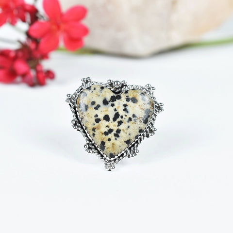 Handmade Dalmatian Jasper Heart Ring: Adjustable Sterling Silver