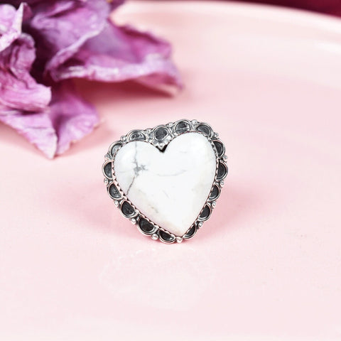 Handmade Howlite Heart Ring: Adjustable Sterling Silver Statement Ring