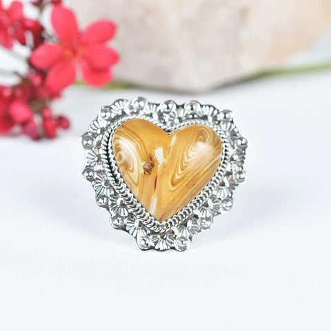 Handmade Snake Jasper Heart Ring: Sterling Silver Adjustable Statement Ring