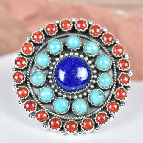 Handmade Turquoise & Aurora Opal Sterling Silver Adjustable Ring
