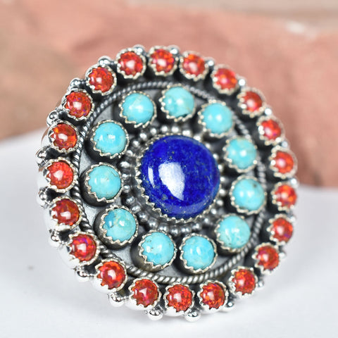 Handmade Turquoise & Aurora Opal 925 Sterling Silver Adjustable Ring, Statement Ring for Women
