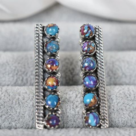 Pink Dahlia Sterling Silver Bar Earrings: Handmade Turquoise Boho Jewelry