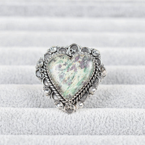Handmade Ruby Fuchsite Heart Ring: Adjustable 925 Sterling Silver