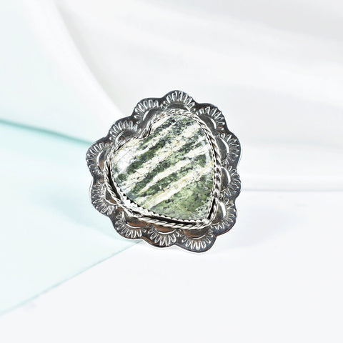 Green Zebra Jasper Heart Ring: Adjustable Sterling Silver Statement Ring