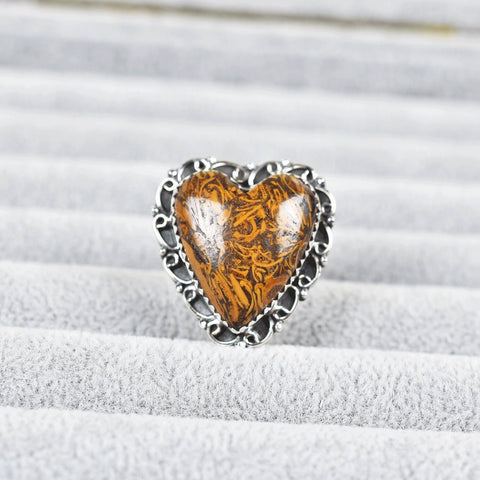 Handmade Serpentine Heart Ring: Adjustable Sterling Silver Statement Ring
