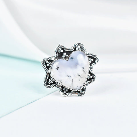 Handmade Dendritic Agate Heart Ring: Sterling Silver Adjustable Statement Ring
