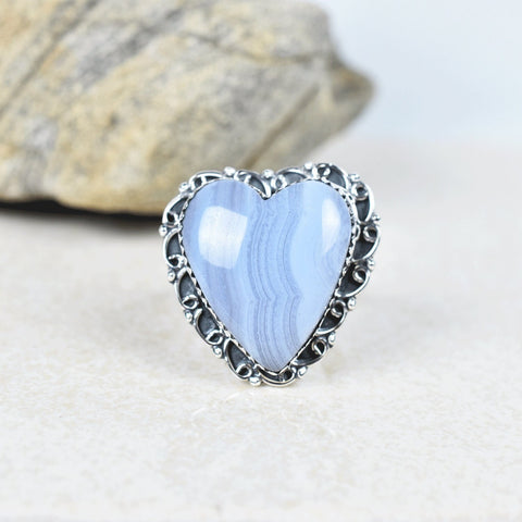 Blue Lace Agate Heart Ring: Adjustable Sterling Silver Statement Ring