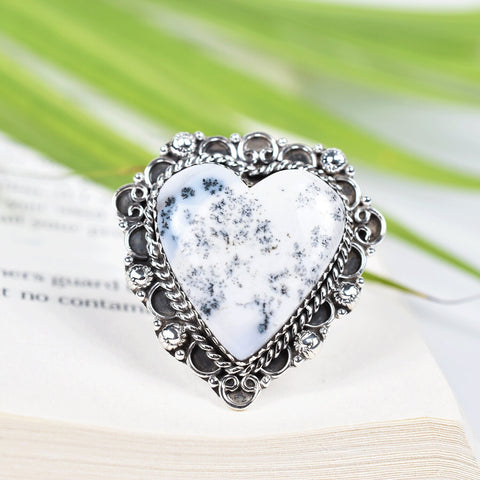 Handmade Dendritic Agate Heart Ring: Sterling Silver Adjustable Statement Ring
