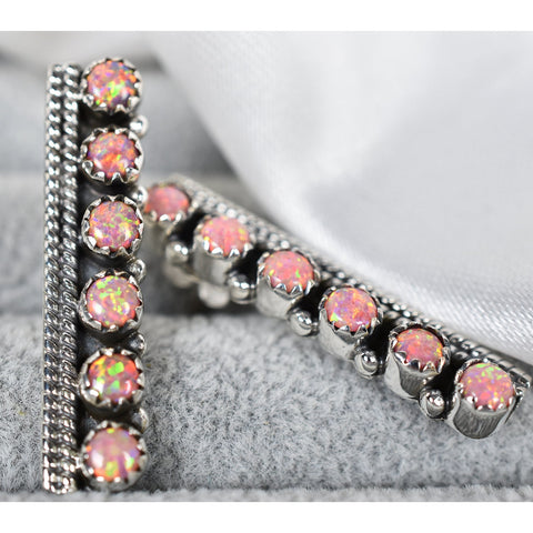 Peach Opal Bar Earring Studs: Sterling Silver Bohemian Jewelry