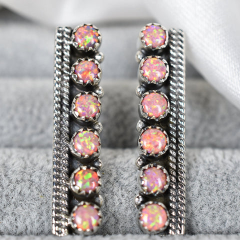 Peach Opal Bar Earring Studs: Sterling Silver Bohemian Jewelry