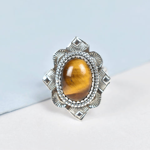 Handmade Tiger Eye & Sterling Silver Adjustable Ring, Statement Ring for Women