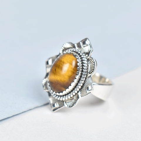 Handmade Tiger Eye & Sterling Silver Adjustable Ring, Statement Ring for Women