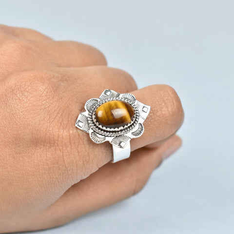 Handmade Tiger Eye & Sterling Silver Adjustable Ring, Statement Ring for Women