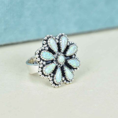 Handmade Sparkling Opal & Sterling Silver Adjustable Ring, Flower Statement Ring for Women