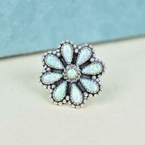 Handmade Sparkling Opal & Sterling Silver Adjustable Ring, Flower Statement Ring for Women