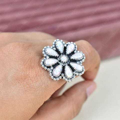 Handmade White Sparkling Opal & Sterling Silver Adjustable Ring, Statement Ring for Women