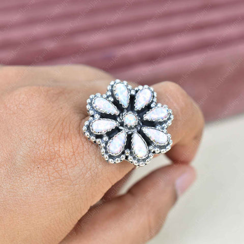 Handmade White Sparkling Opal & Sterling Silver Adjustable Ring