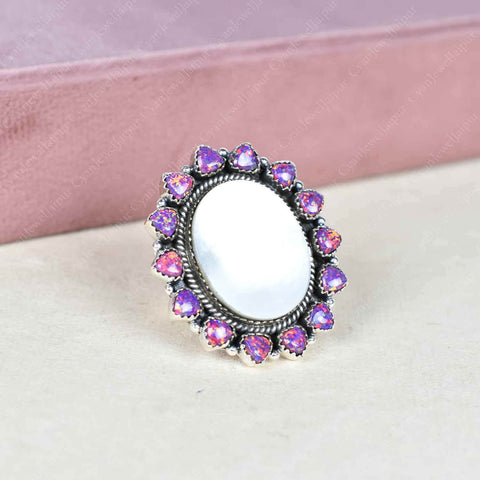 Handmade Mother of Pearl & Aurora Opal Sterling Silver Adjustable Ring