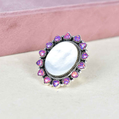 Handmade Mother of Pearl & Aurora Opal Sterling Silver Adjustable Ring
