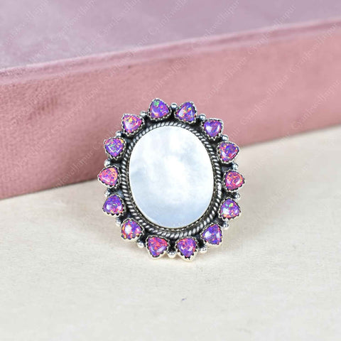 Handmade Mother of Pearl & Aurora Opal Sterling Silver Adjustable Ring