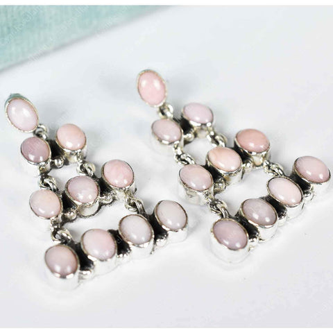 Handmade Pink Opal & Sterling Silver Post Dangle Drop Earrings for Women