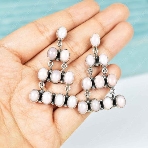 Handmade Pink Opal & Sterling Silver Post Dangle Drop Earrings for Women