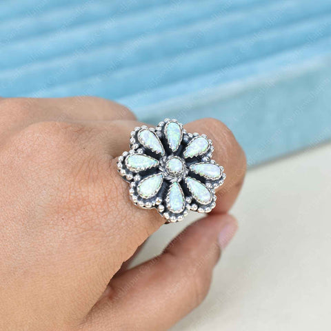 Handmade Sparkling Opal & Sterling Silver Adjustable Ring, Flower Statement Ring for Women