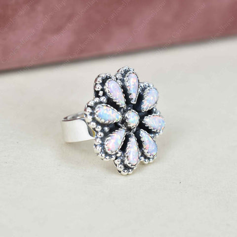 Handmade White Sparkling Opal & Sterling Silver Adjustable Ring, Statement Ring for Women