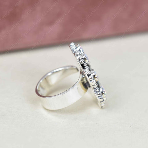 Handmade White Sparkling Opal & Sterling Silver Adjustable Ring, Statement Ring for Women